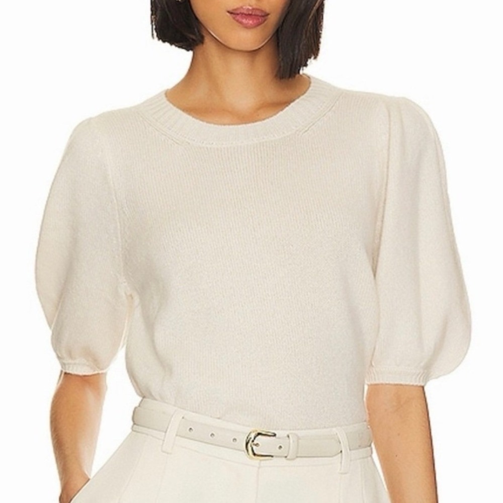 PAIGE Cashmere Knit Lucerne Puff Short Sleeve Sweater Women L Ivory Crew Neck